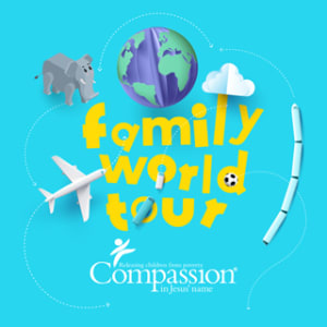 Cover for Family World Tour You Version reading plan. The title is surrounded by fun objects - a globe, a plane and an elephant