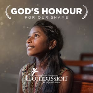 Cover image for God's Honour for Our Shame You Version plan, a young woman sits in a church pew and looks up toward the light