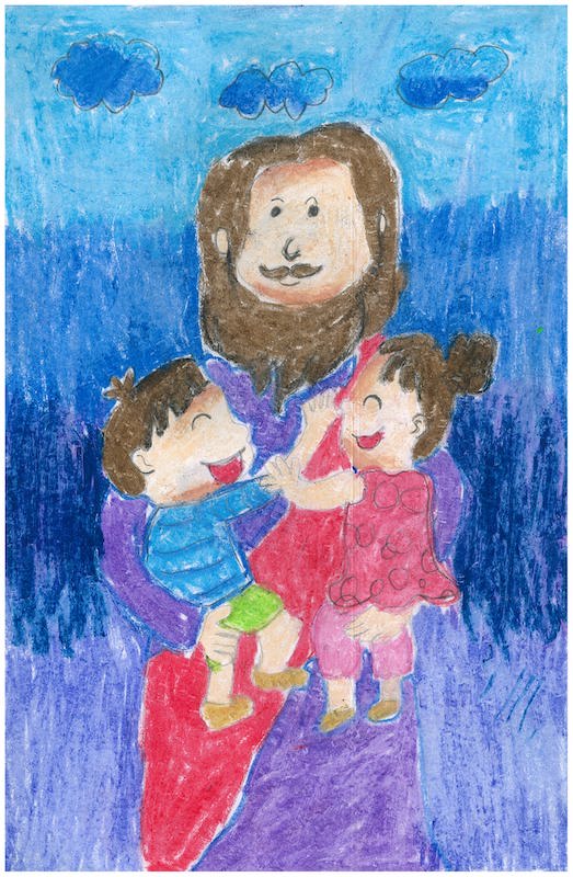 A drawing of children on Jesus' shoulders.