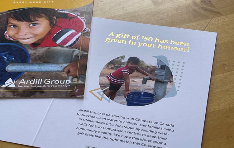 photo of a Christmas card naming that a gift has been given in your honour, from Ardill Group