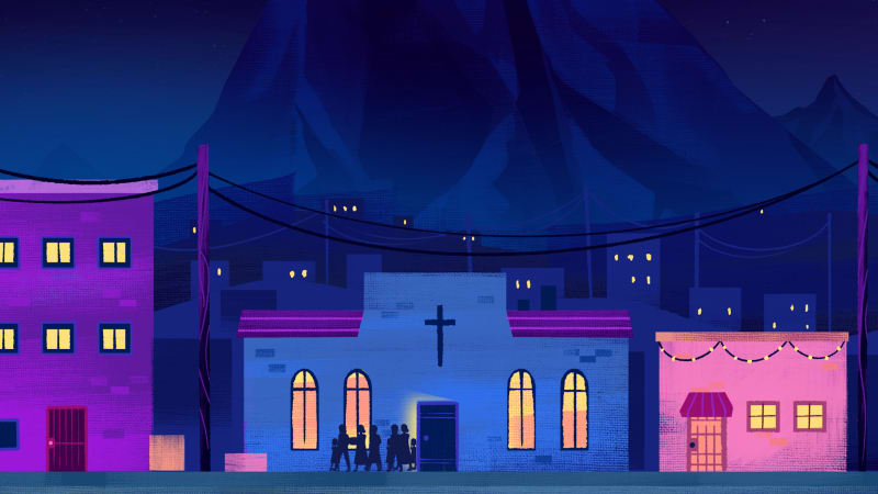 A cartoon depiction of a church building at night with people leaving the doors