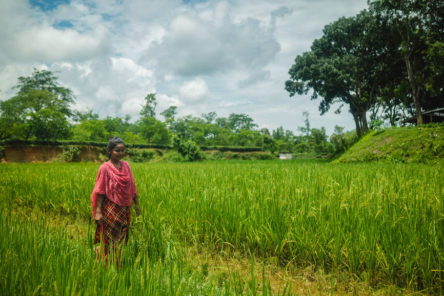 Bobita walks through a rice field in her community.